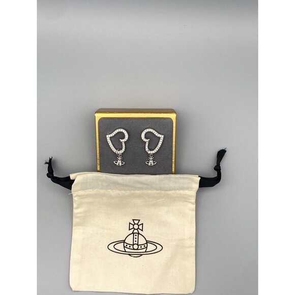 Vivienne Westwood Pave Encrusted Heart Earrings With CZ Orb Drop & bag - Picture 2 of 4